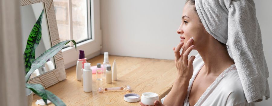 Satisfied woman with healthy, glowing skin.