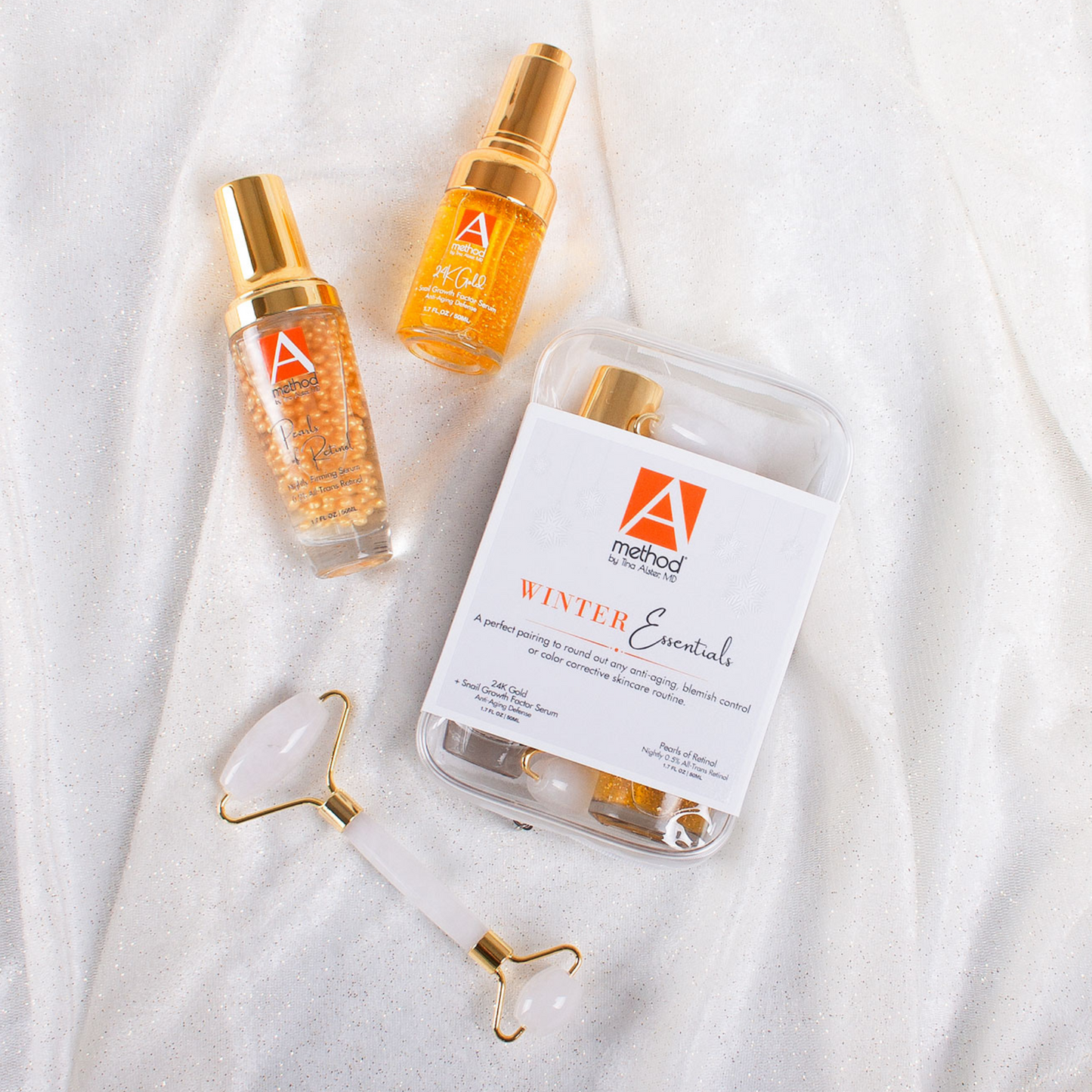 A Method Winter Essentials Kit: 24K Gold serum, Pearls of Retinol, & rose quartz roller; anti-aging & blemish control.