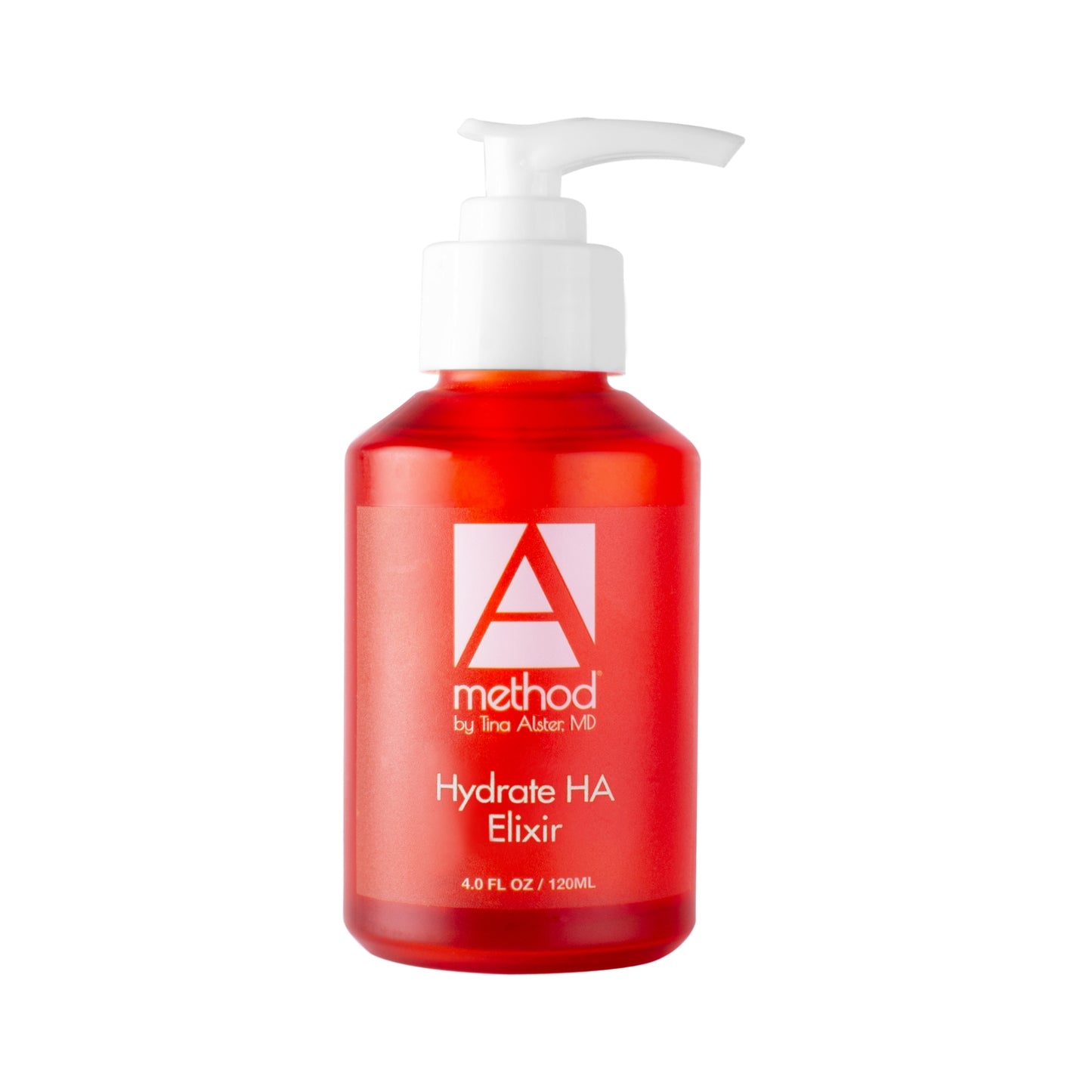 Red bottle of hydrating serum with pump dispenser; 4 fl oz.