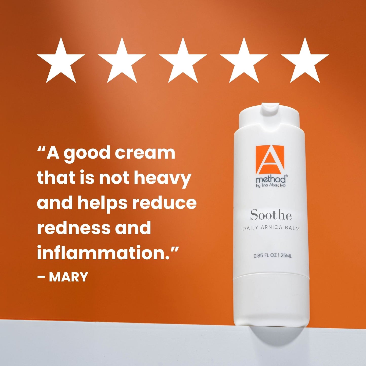 The A Method Soothe Daily Arnica Balm tube with five-star customer review quote