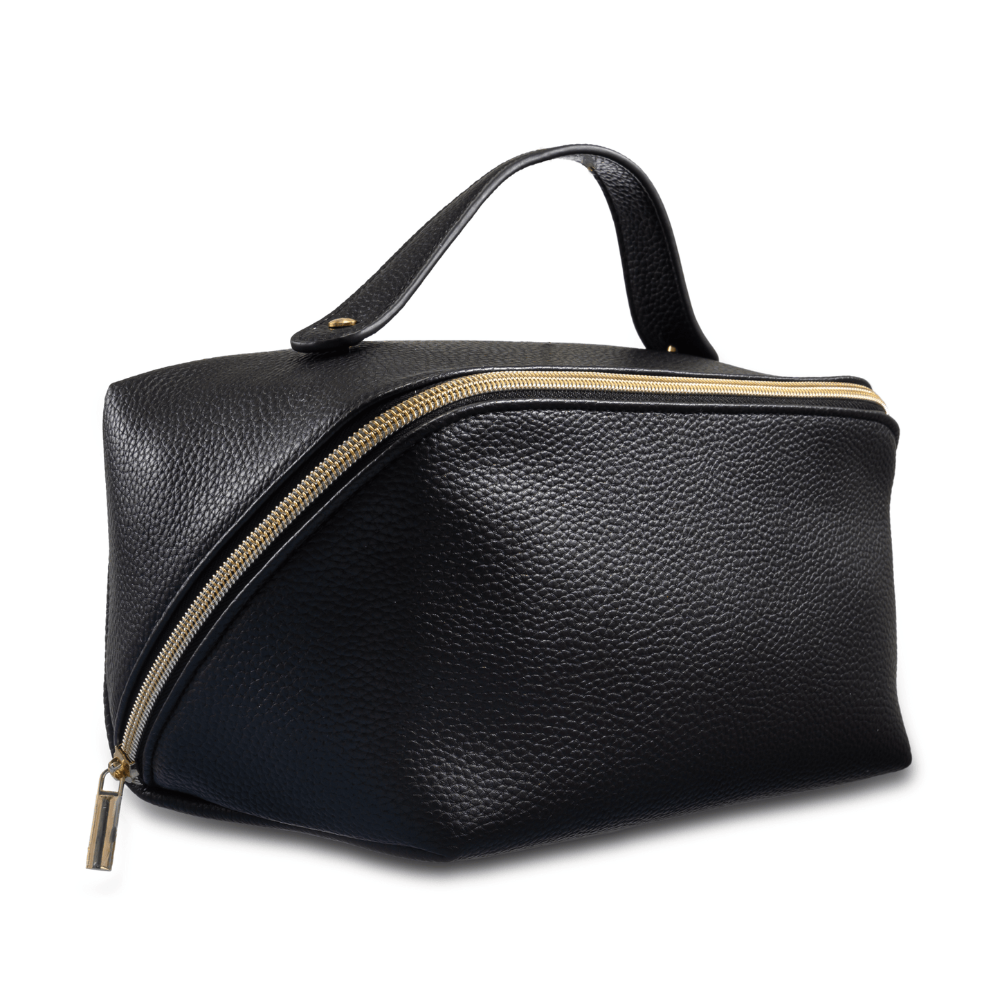 The A Method black vegan leather skincare bag with gold zipper and top handle