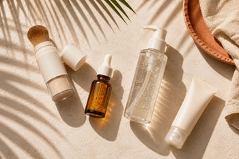 Summer skincare routine flat lay with mineral SPF and vitamin C from The A Method