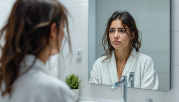 A woman in a bathroom looks closely at her reflection, focusing on her tired eyes.