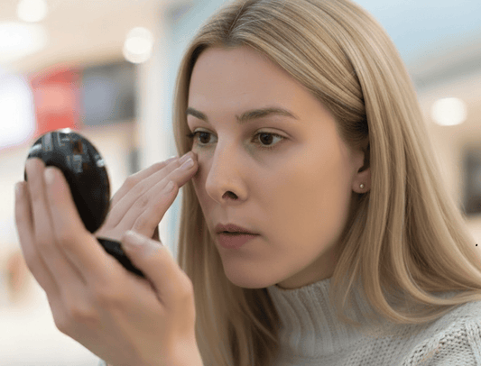 A woman applies eye cream under her eyes while looking into a handheld mirror.