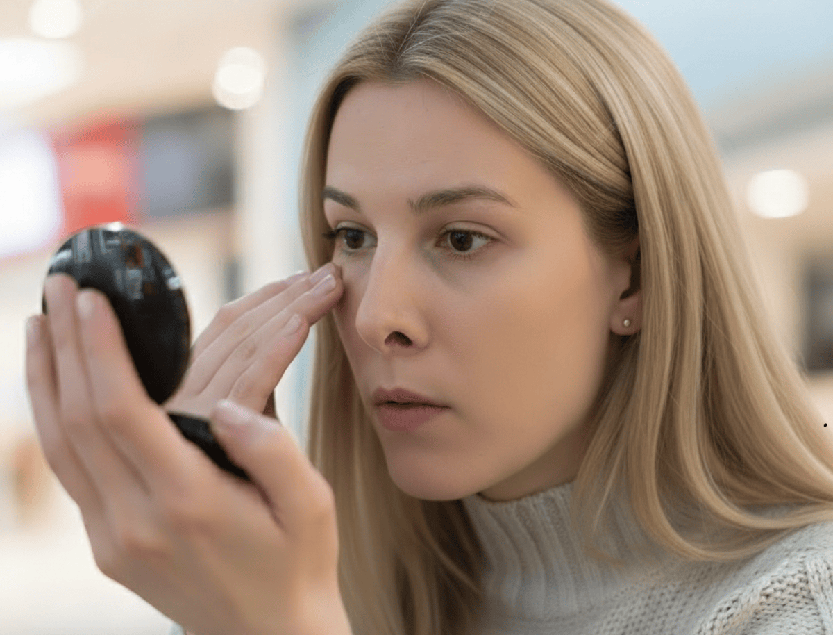 A woman applies eye cream under her eyes while looking into a handheld mirror.