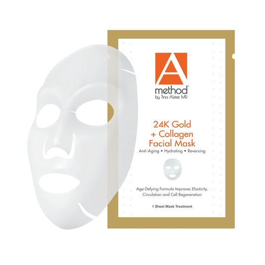 A Method by Tina Alster MD 24K Gold + Collagen Facial Mask (6-pack): Anti-aging, hydrating, and reversing sheet mask for improved elasticity and cell regeneration.
