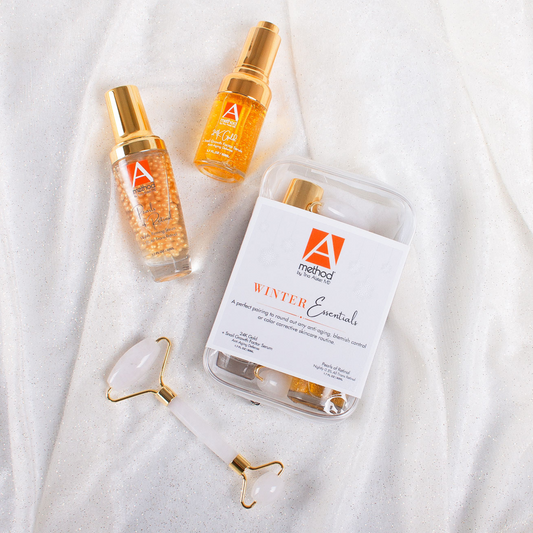 A Method Winter Essentials Kit: 24K Gold serum, Pearls of Retinol, & rose quartz roller; anti-aging & blemish control.
