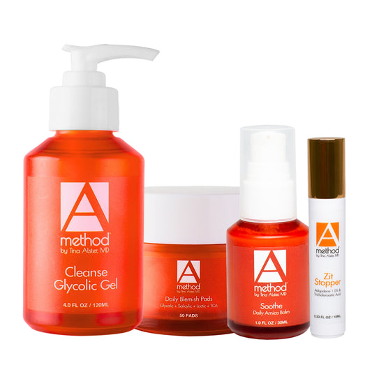 Method by Tina Alster MD Blemish-Prone Skin Bundle: Glycolic Gel, Daily Blemish Pads, Amica Balm, & Zit Stopper.
