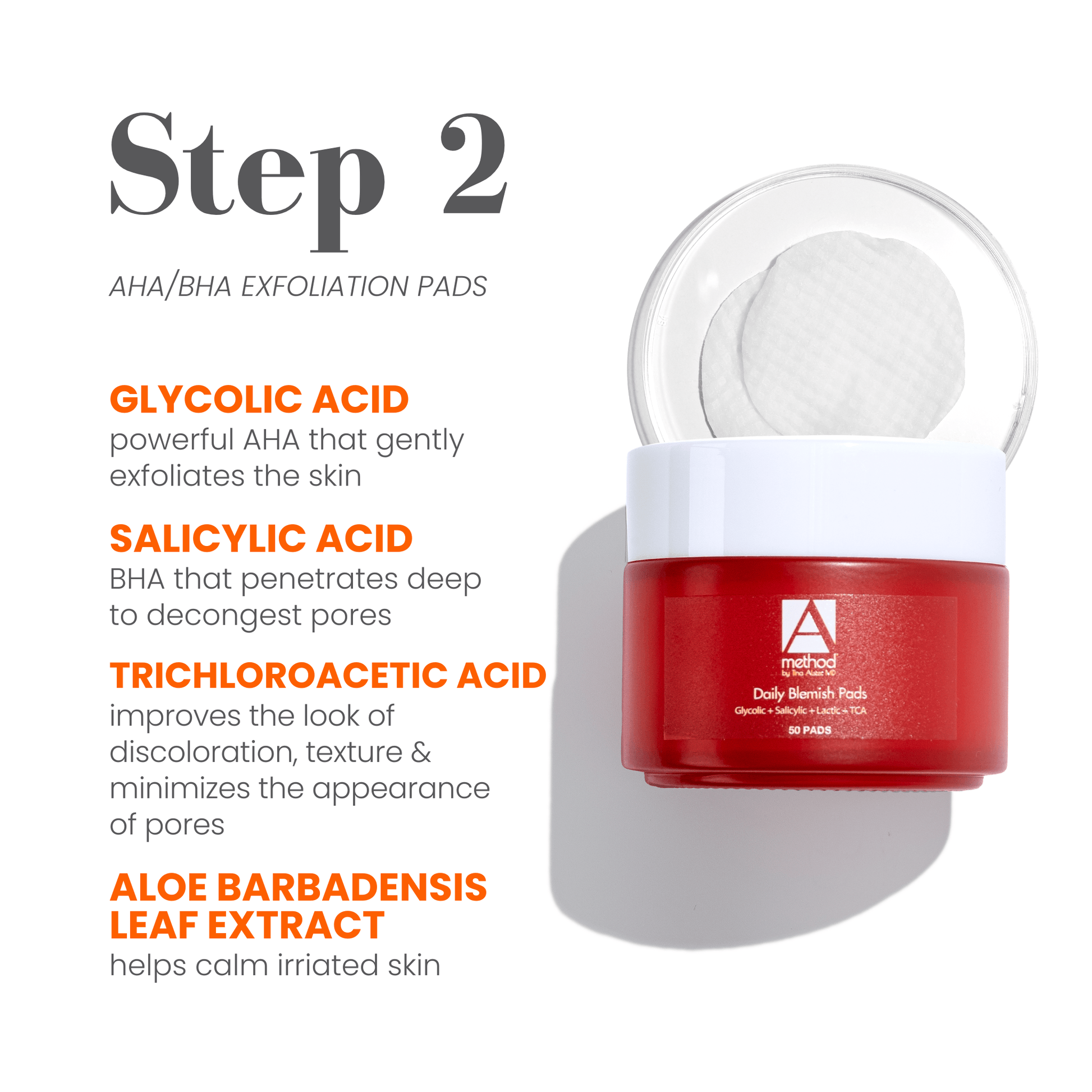 The A Method Daily Blemish Pads jar with AHA and BHA exfoliation ingredient callouts