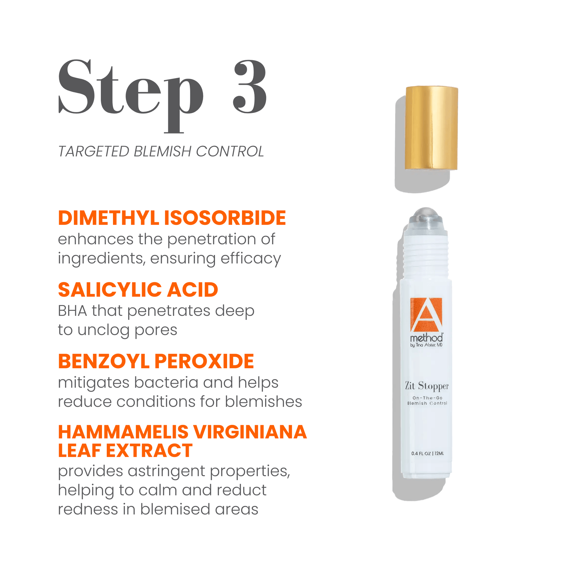 Graphic of Zit Stopper blemish control ingredients as bundle step three