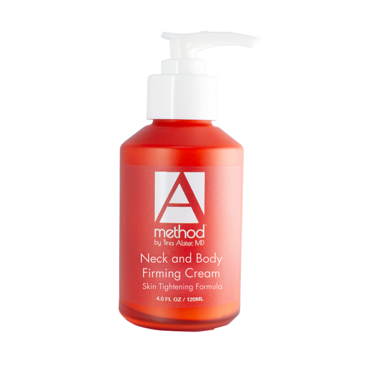 Method by Tina Alster MD Neck and Body Firming Cream, 4 fl oz skin tightening formula in orange bottle with pump.
