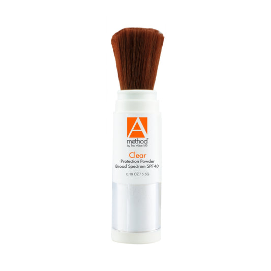 Method Clear Protection Powder SPF 40 sunscreen with brush applicator.
