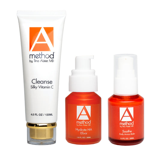 Method by Tina Alster MD Sensitive Skin Bundle: Silky Vitamin C Cleanse, Hydrate HA Elixir, & Soothing Daily Amica Balm
