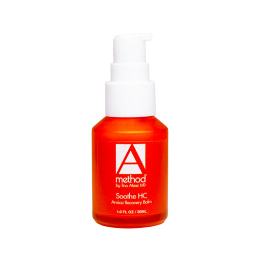 Method by Tina Alster MD Soothe HC Arnica Recovery Balm, 1 fl oz/30ml, orange bottle with pump.
