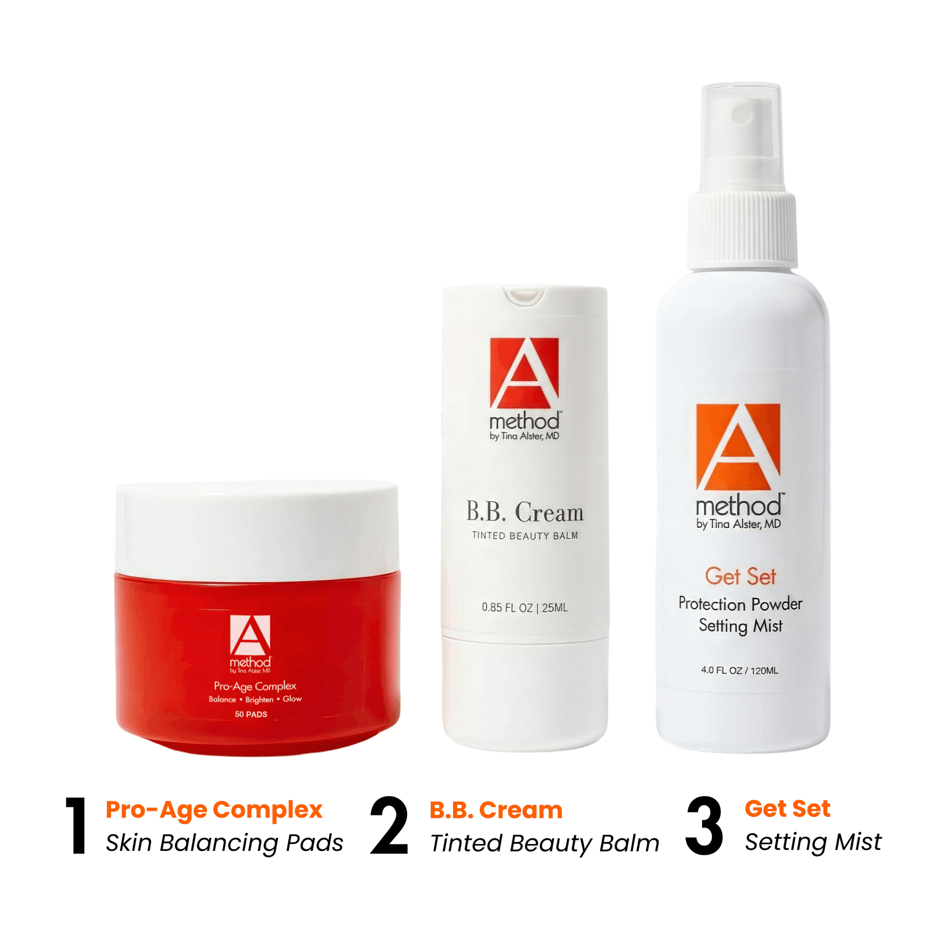 The A method Spring Routine kit products, including Pro-Age Complex, B.B. Cream, and Get Set, on a white background.