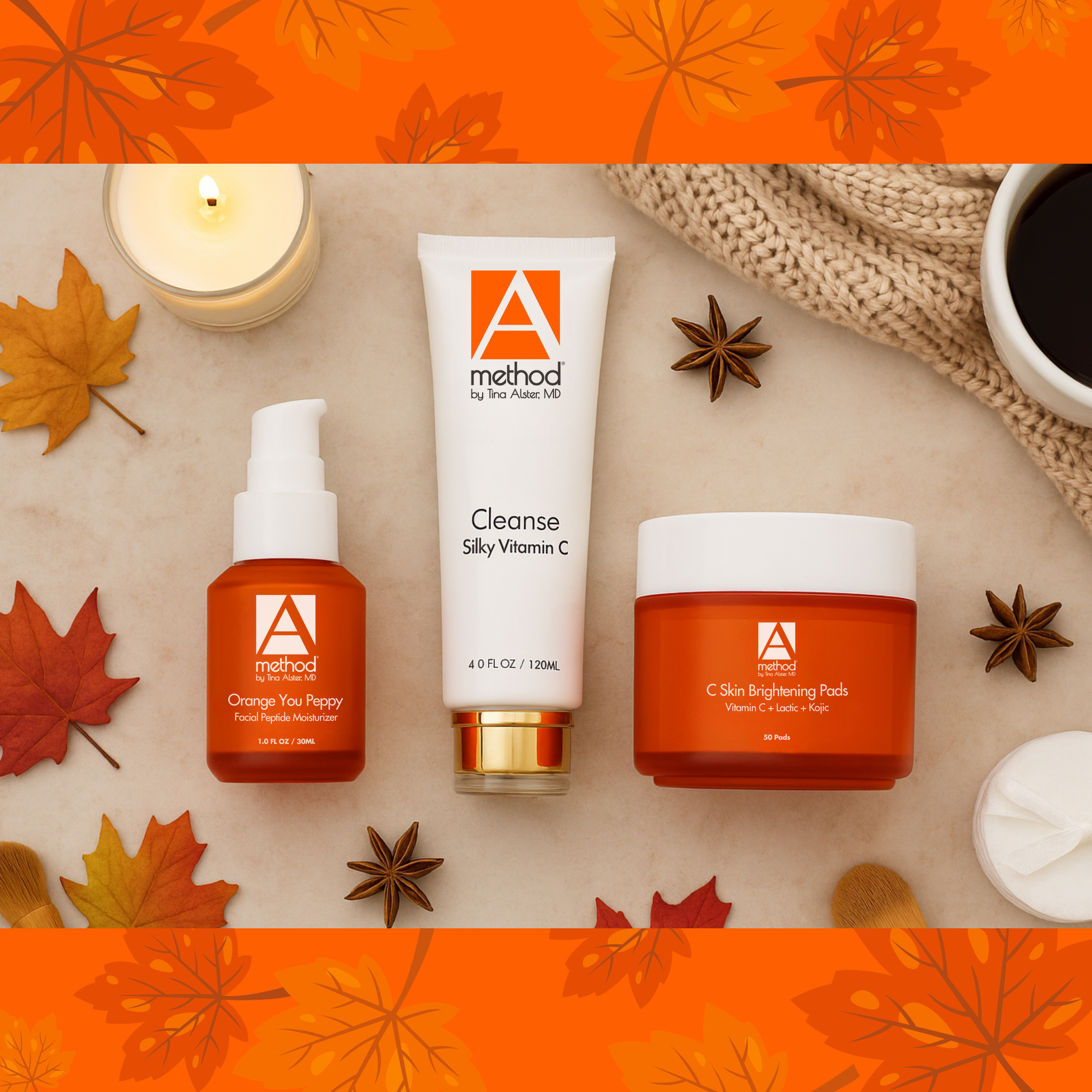 Flat lay of skincare products on fall theme table
