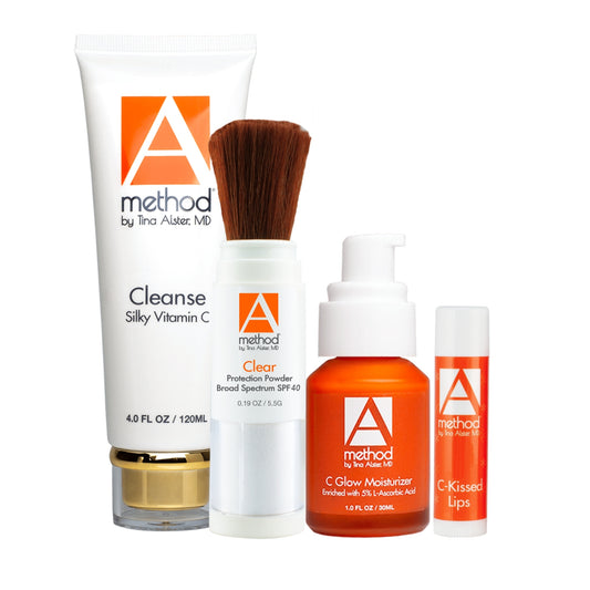 Method by Tina Alster MD Summer Essentials Kit: Silky Vitamin C Cleanser, SPF 40 Protection Powder, C Glow Moisturizer, & C-Kissed Lips.
