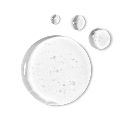 Clear antioxidant gel swatch with air bubbles, showcasing its lightweight texture.
