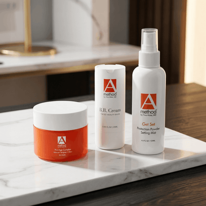 The A Method's Spring Routine skincare products on a marble surface